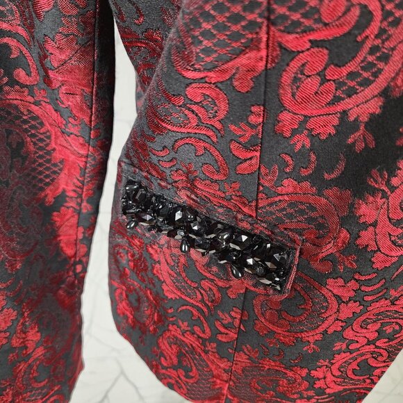 Chico's Red Black Floral Brocade Jewel Pocket Blazer - Picture 2 of 9